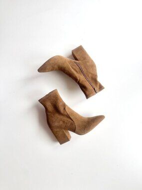 LOEFFLER RANDALL Isla Tan Brown Suede Pointed Toe Block Heel Boots, Size 7